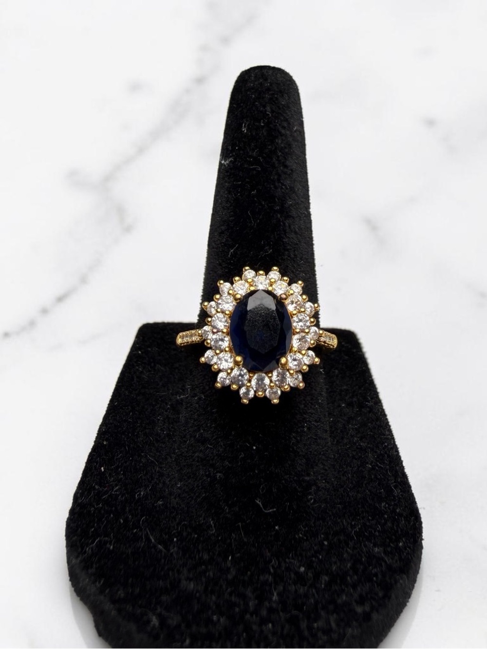 10K Yellow Gold Lab Blue Sapphire Double Halo Ring Lab Grown Diamond Oval Size 8